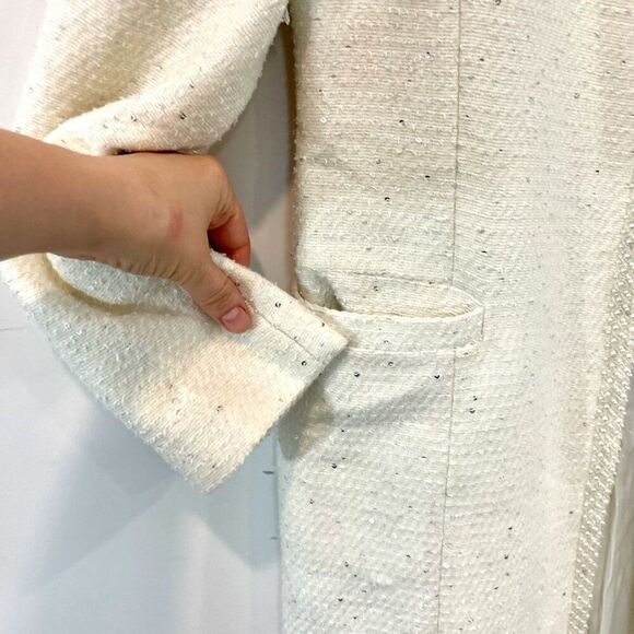 Cream White Sequinses Pearl Beaded Dress Coat - Picture 4 of 15